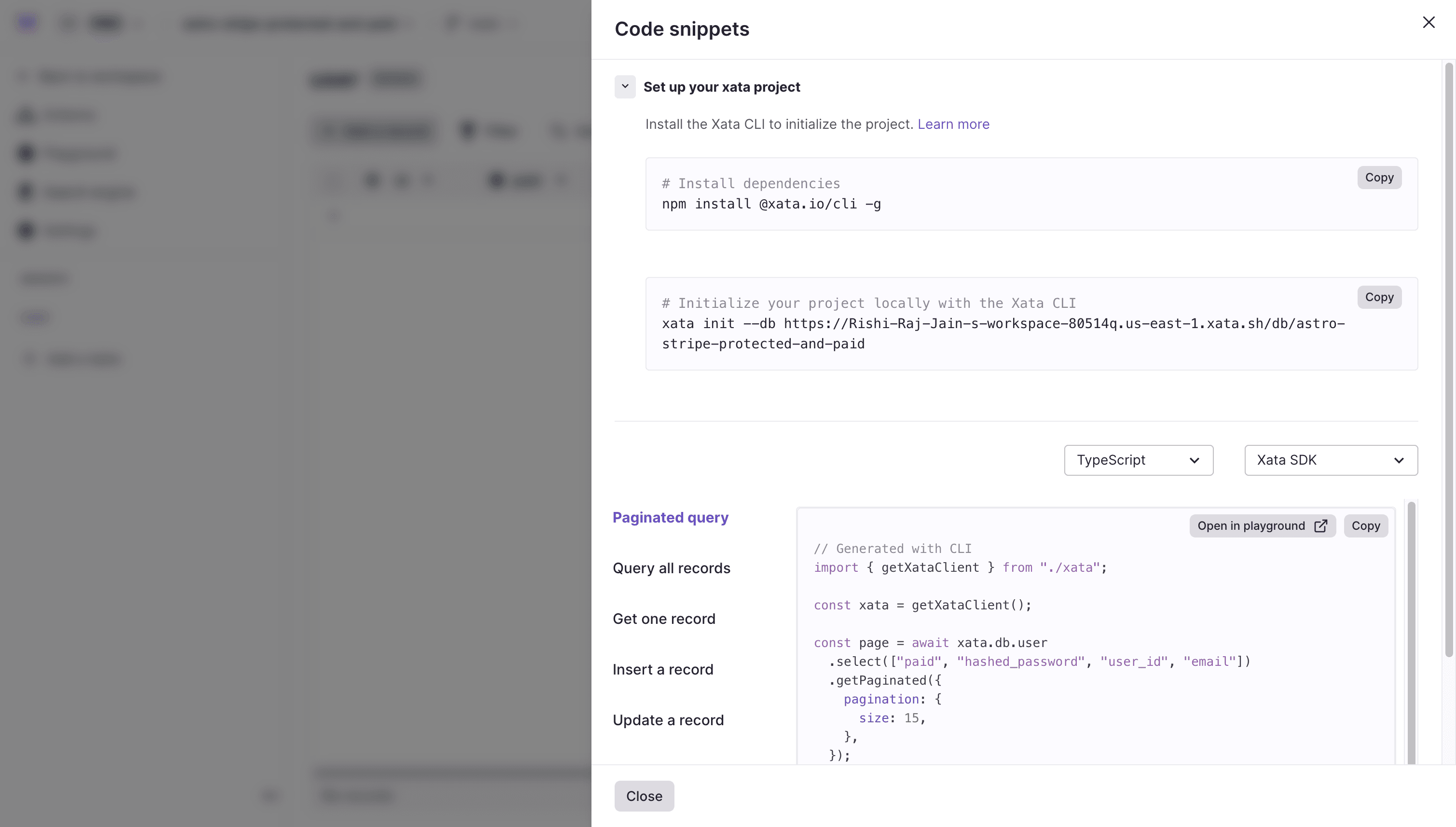 Code Snippet for Xata CLI